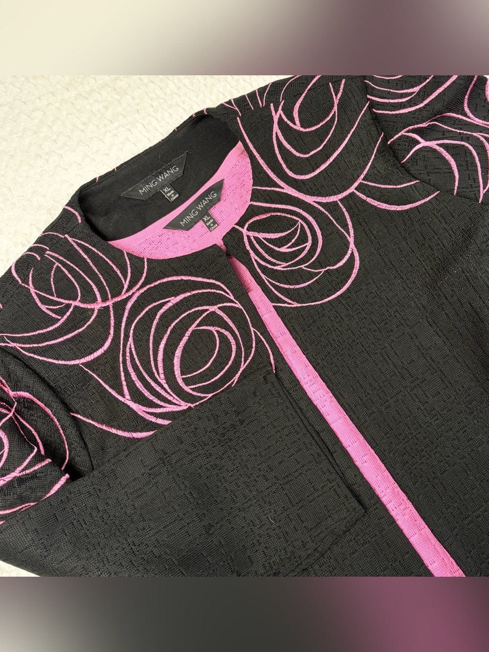Ming Wang Black Pink Embroidered Rose Knit Jacket Pink Tank Top Set Size XL
